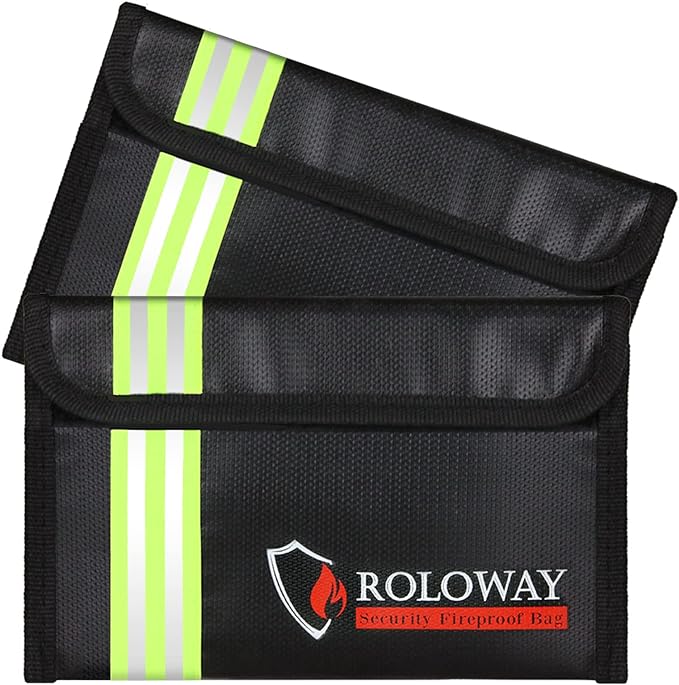 ROLOWAY Small Fireproof Bag (5 x 8 inches) with Reflective Strip, Non-Itchy Fireproof Money Bag, Fireproof Wallet Bag, Cash Fireproof Bag Set for Valuables - Passport, Currency & Keys (2-Pack Black)