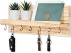 Lwenki Decorative Key Holder for Wall with Shelf, Entryway Shelf with Hooks Holds Leashes, Jackets and Glasses – Sturdy Wood Keyholder Entrance Hanger with Mounting Hardware (Wood, Large)