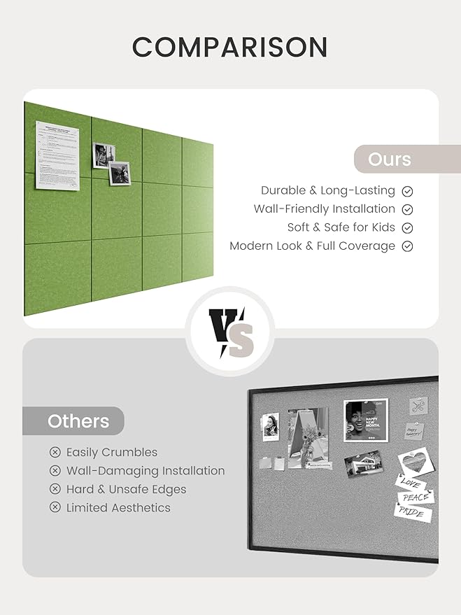 Bumusty Large Cork Board 47"x35" Alternative - 12 Pack Felt Wall Tiles with 70 Safe Removable Adhesive Tabs, 30 Pushpins, Cork Boards for Walls Pin Board Bulletin Board Office Decor (Kelly Green)
