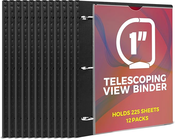 MAKHISTORY 1 Inch Telescoping 3 Ring Binder-12PCS, Flexible Binder with Customized Front Cover, Holds 225 Sheets, School Office Supplies, Black