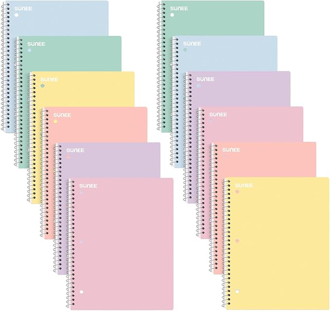 SUNEE Spiral Notebooks, 12 Pack, 1-Subject, College Ruled Paper, 8" x 10-1/2", 70 Sheets per Notebook, Assorted Pastel Colors Spiral Notebooks for School
