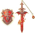 Dragon Knight Metal Bookmark & Book Clip Set - Sword Book Mark with Pendant & Shield Page Marker Clip - Fire Red Fantasy Gift for Men, Women, Kids, Readers, Book Lovers, RPG Gamers | Hymn to Heroes