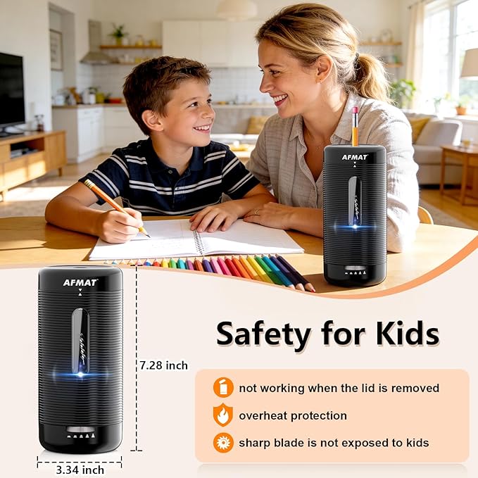 AFMAT Electric Pencil Sharpener, Fully Automatic Pencil Sharpener, Auto in & Out, Rechargeable Hands-Free Sharpeners for Jumbo & Colored Pencils (6.5-12mm), Portable for Home/Classroom/Office PSC2