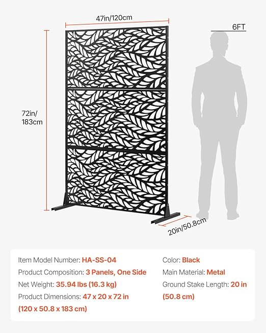 VEVOR Metal Privacy Screen, 47" W x 72" H, Outdoor Privacy Screens & Panels, Freestanding Outdoor Divider with Stand, 3-Panel Decorative Garden Steel Privacy Fence for Balcony Patio Indoor Room Black