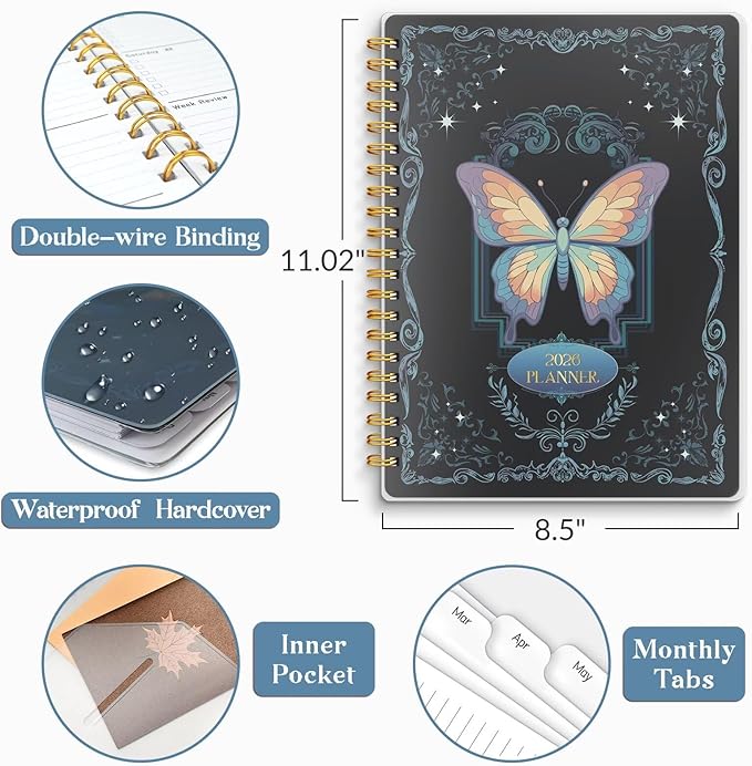 2026 Planner 8.5 x 11, Large Weekly Monthly Planners with Tabs, A4 Spiral Bound Daily Calendar 2026 Planner, 12 Month Agenda from Jan. to Dec., Flexible Cover Appointment Book(Color Butterfly)