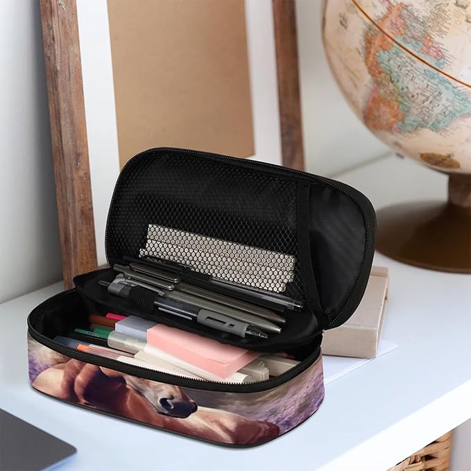Pardick Pencil Case，Horse Lavender Big Capacity Pencil Pouch Coin Pouch Stationery Organizer For Teen School