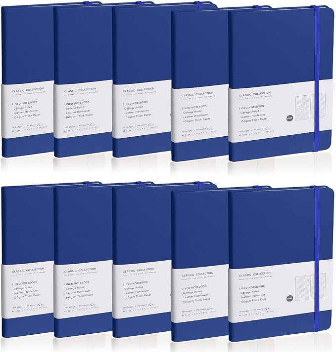 EMOMAS Lined Journal Notebook, 10Pack Hardcover Notebook for Men & Women – Journals for Writing, Work, School, Home & Daily Notes, 160 Pages – Medium A5, 5.7"x8", 100 gsm Thick Paper (Blue)