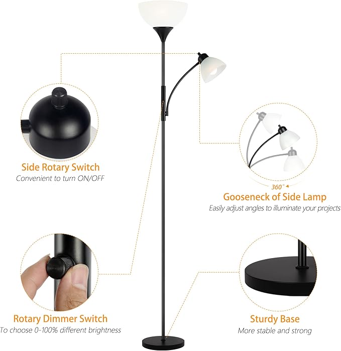 RISLG Floor Lamp, Dimmable Standing lamp, Stepless Dimming Brightness, Included 9W and 5W LED Bulbs, Industrial Floor Lamp for Living Room, Bedroom, Office, Reading