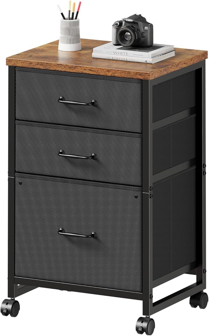 Maihail 3 Drawer Mobile File Cabinet with Wheels Fabric Vertical Filing Cabinet fits A4 or Letter Size for Home Office,Rustic Brown