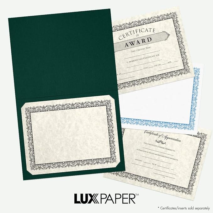 LUXPaper 9.5" x 12" Certificate Holders | Green Linen | 100lb. Cover | 25 Qty