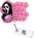 BVIIE No You Hang Up Funny Ghost Badge Reel, Retractable ID Card Pink Badge Holder, Name Tag Medical Work Badge Clip for ED ICU Surgery Nurses Station RN MA CNA ER Night Shift Nurse Doctor