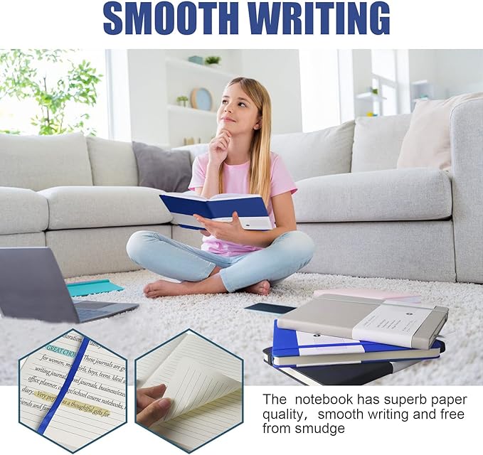 EMOMAS Lined Journal Notebook, 6Pack Hardcover Notebook for Men & Women – Journals for Writing, Work, School, Home & Daily Notes, 160 Pages – Medium A5, 5.7"x8", 100 gsm Thick Paper (Blue)