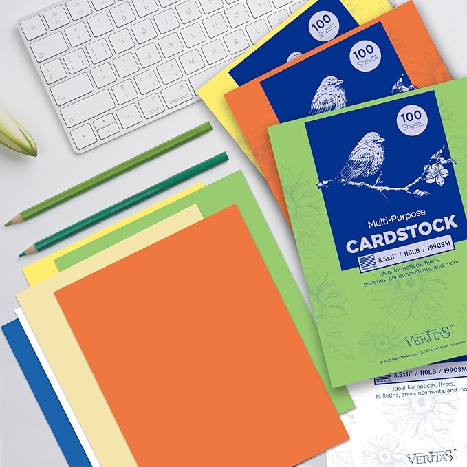 Veritas Green Colored Cardstock, 8.5" x 11" Colored Copy paper, 110LB/199GSM Printer Paper, 100 Sheets (1 Reams), Colored Multi-Purpose Paper, Made in USA