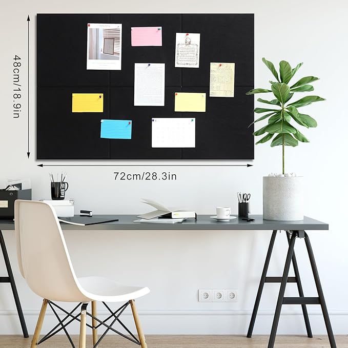 Large Cork Board 28" x 19", 6 Pack Felt Wall Tiles with Colored Pushpins, Bulletin Boards with Removable Self-Adhesive Strips, Pin Board Cork Boards for Walls Office Home-Black