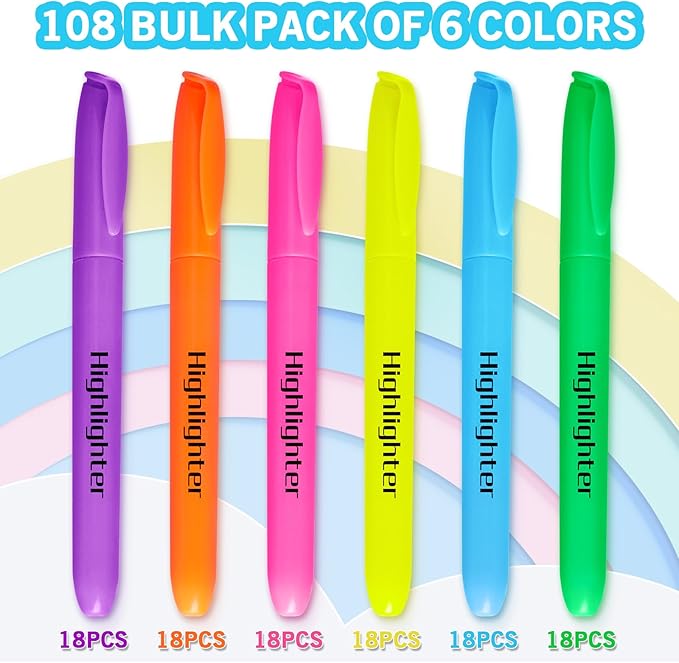 YEGEER Highlighters, Chisel Tip Dry-Quickly Highlighter Markers, 108 Count-6 Assorted Colors Highlighters Bulk Pack for Adult Kids, Office Classroom Must Have, School Supplies for Teachers