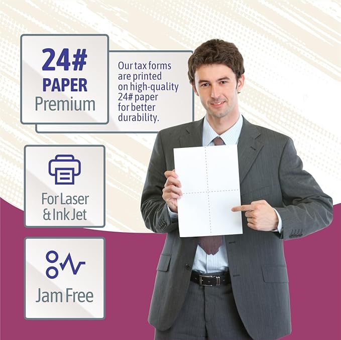 NextDayLabels - W-2 4-Up Employee Tax Forms, Instructions on Back" for 2025, for Laser/Inkjet Printer. Compatible with QuickBooks and Accounting Software (Pack of 100 Sheets & Self Seal Envelopes)