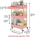 Calmootey 3-Tier Rolling Utility Cart with Drawer,Multifunctional Storage Organizer with Plastic Shelf & Metal Wheel,Storage Cart for Kitchen,Bathroom,Living Room,Office,Pink