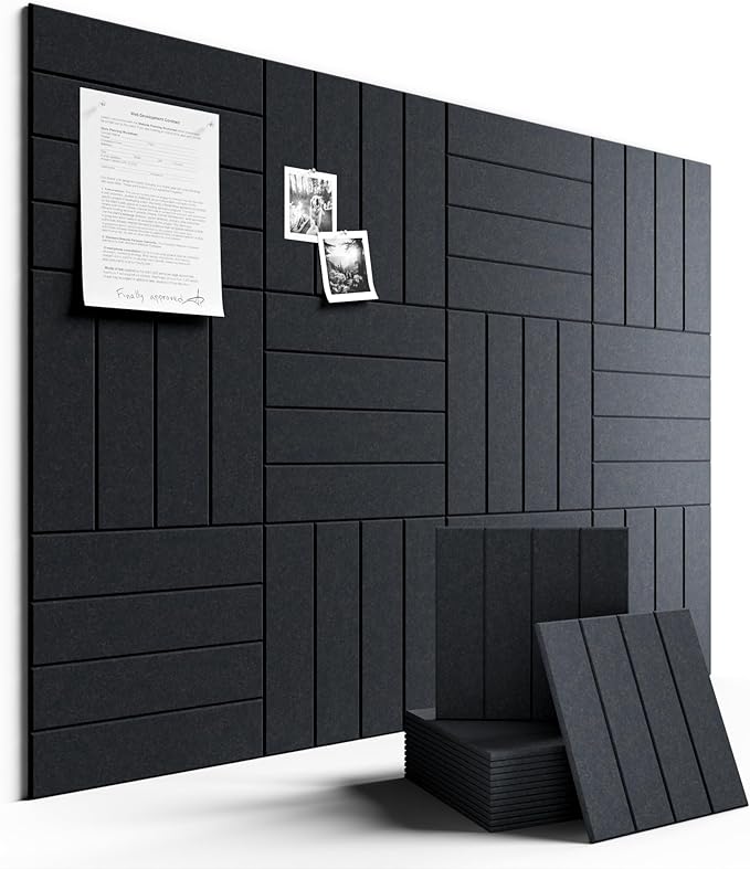 Fluxynara Felt Bulletin Board Tiles Large 48" x 36" Cork Board Alternative-12 Pack with 70 Adhesive Tabs, Thick Slat Wall Panels for Office Decor, Push Pin Board Wall Organizer -Deep Charcoal Blue