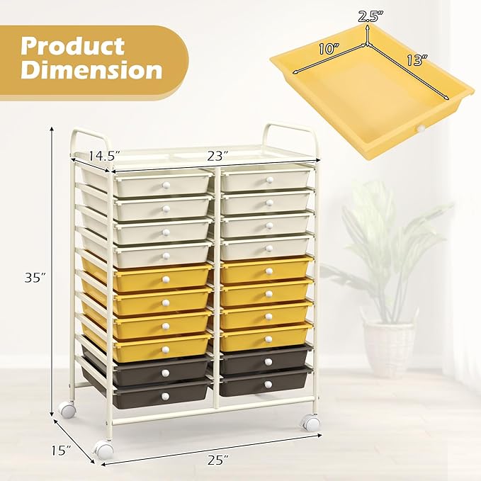 Happygrill 20-Drawer Organizer Cart Tools, Mobile Utility Storage Cart with Removable Drawers & Lockable Wheels, Rolling Storage Cart with wheels for Home Office School (Yellow, Beige & Grey)