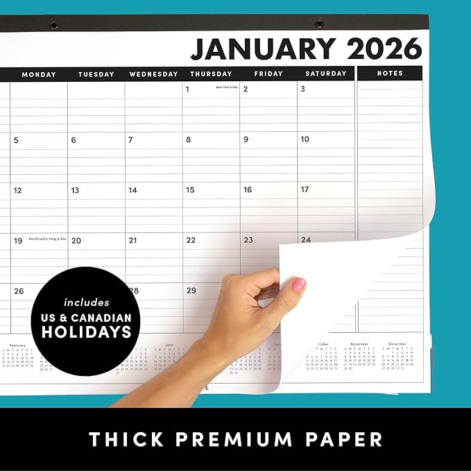 PAPERAGE 2026 Calendar, 12 Months (January 2026 - December 2026), Large (17 in x 22 in), Minimalist Wall and Desk Calendar with Monthly Views, Yearly Plans & Notes Section – Navy