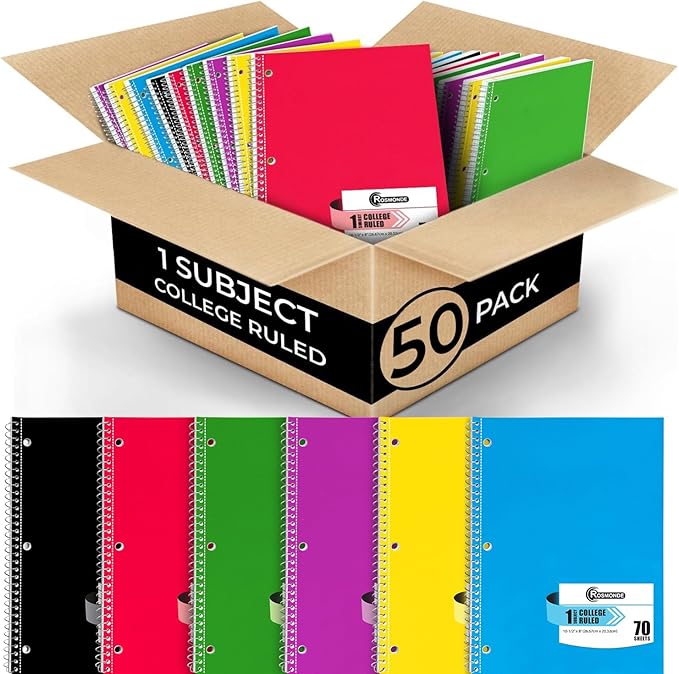 Rosmonde 50 Pack, 1 Subject Spiral Notebook College Ruled Bulk, 140 Pages (70 Sheets), Thick No-Bleed Paper, 8 x 10-1/2", 3 Hole Punched, College Ruled 1 Subject Notebook Bulk, Bulk Subject Notebook