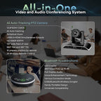 TONGVEO All-in-One Conference Room Video Camera System Al Auto-Tracking HD1080P 60fps 3X Optical Zoom USB3.0 HDMI PTZ Camera and Bluetooth Conference Speakerphone with Microphones