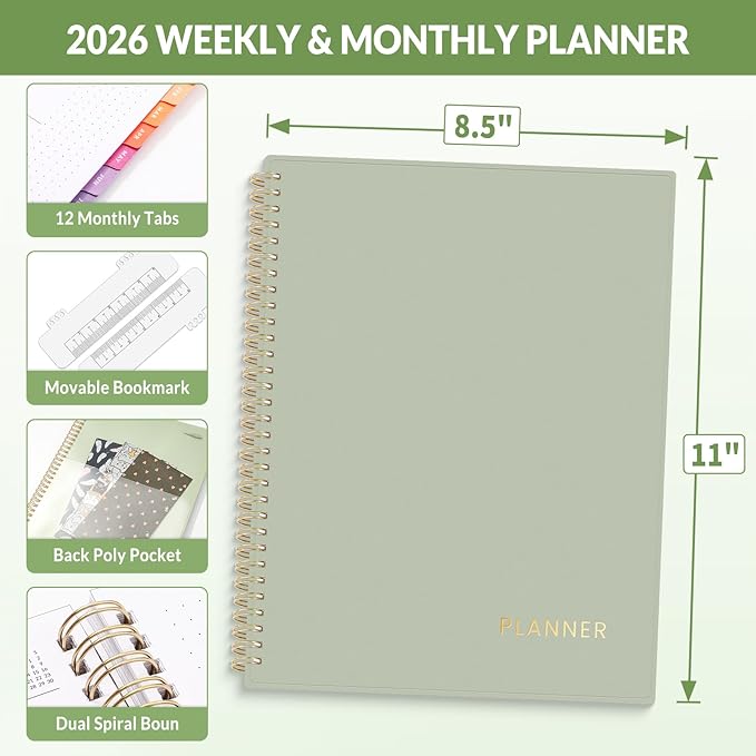 SUNEE 2026 Planner, Weekly and Monthly Calendar Planner, January 2026-December 2026, Daily Agenda with Tabs, Note Pages, Spiral Binding, 8.5"x11", Green