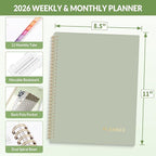 SUNEE 2026 Planner, Weekly and Monthly Calendar Planner, January 2026-December 2026, Daily Agenda with Tabs, Note Pages, Spiral Binding, 8.5"x11", Green