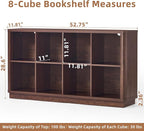 Joaxswe 8 Cube Bookcase, 52" Long Horizontal Book Shelf w/Curved Edge, Floor Standing 2-Tier Cubby TV Stand Bookshelf with Wooden Base, Farmhouse Low Storage Cabinet for Living Room, Office, Walnut