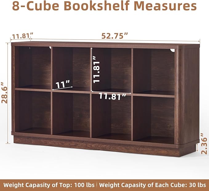 Joaxswe 8 Cube Bookcase, 52" Long Horizontal Book Shelf w/Curved Edge, Floor Standing 2-Tier Cubby TV Stand Bookshelf with Wooden Base, Farmhouse Low Storage Cabinet for Living Room, Office, Walnut