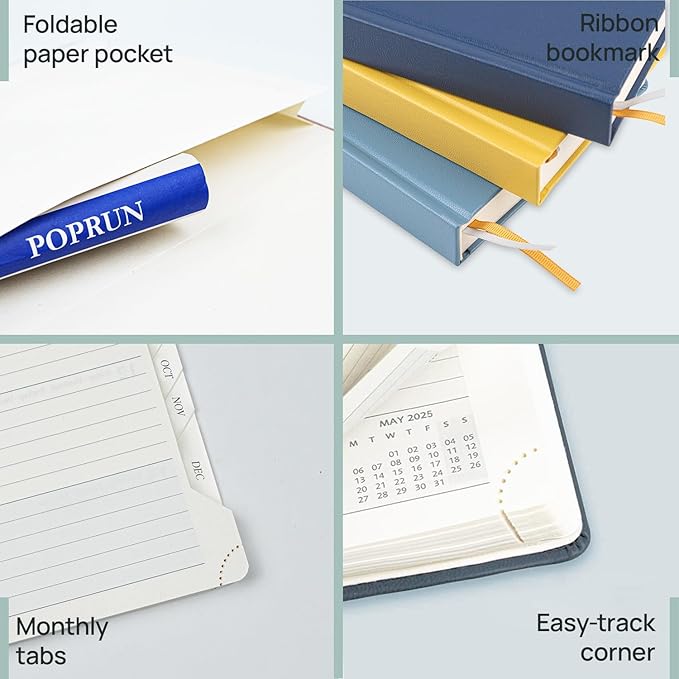 POPRUN 2025-2026 Monthly Planner (B5 8" X 10"), 18-Month Calendar Book (Jul.25 - Dec.26) with Monthly Tabs, Hardcover, Inner Pocket, 100GSM Thick Paper - Black