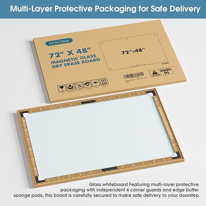 MaxGear Glass Whiteboard, Tempered Magnetic Dry Erase Board 72 x 48 Inch, Frameless Wall Mounted, Office Classroom Conference Room Home Use, Includes Markers, Eraser, Magnets & Mounting Kit