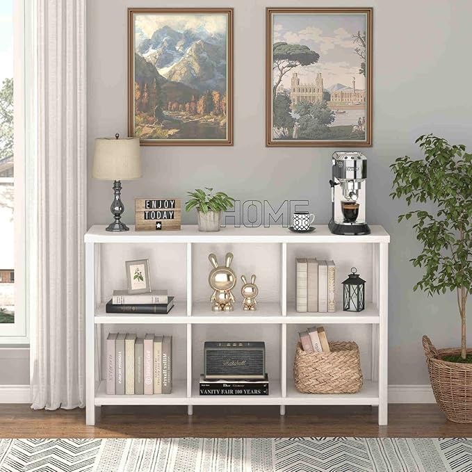 FATORRI 6 Cube Storage Organizer with Shelf, 47 Inch Long Horizontal Bookshelf, Wood and Metal Cube Bookcase, Low Book Shelf for Living Room, Home Office (White Oak)