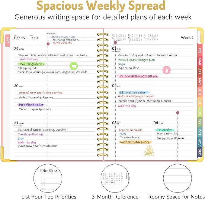 Forvencer 2026 Planner, Hardcover Calendar Planner Weekly and Monthly, Jan 2026 - Dec 2026, 6" x 8", Spiral Agenda Book with Tabs, Exquisite Daily Journal Organizer for Home School, Pink