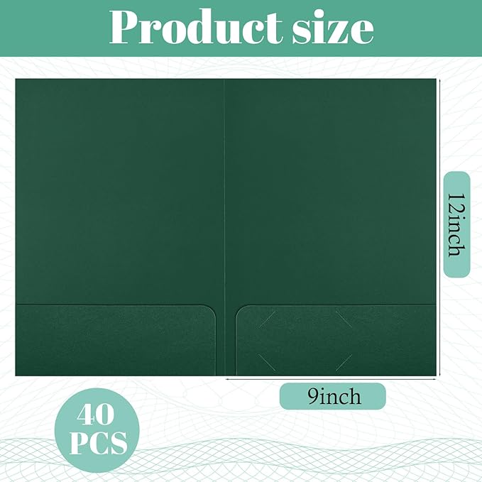 Harloon 40 Pcs Tax Return Folders 12 x 9 Inches 2 Pocket Folders Bulk Gold Foil Stamped Heavyweight Folder, Holds 8 x 11 Inches Letter Size Paper(Green,Cardboard)