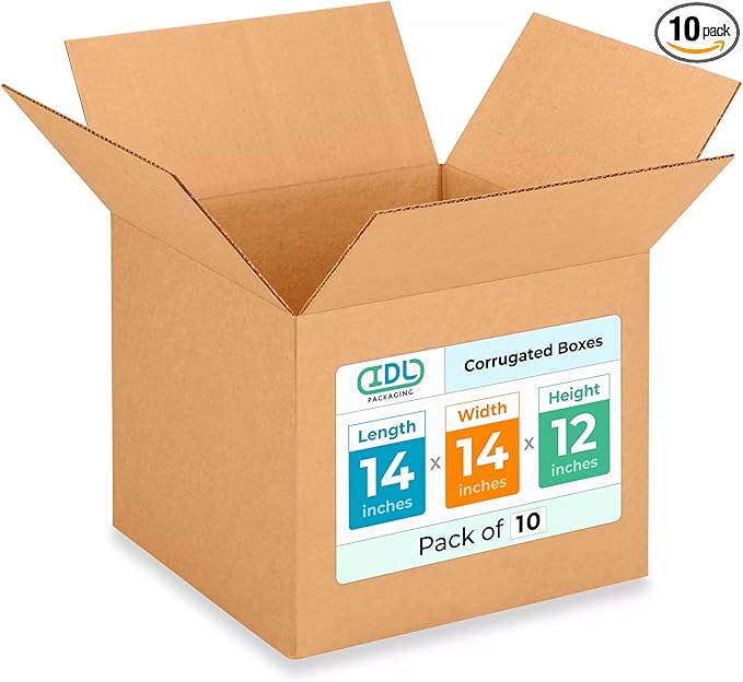 Medium Moving & Shipping Boxes 14x14x12 inches (10-Pack) - Extra Strength 200 lb vs Regular - Corrugated Cardboard Box, Made in USA - Medium Packing Box - Moving Supplies Box by IDL Packaging