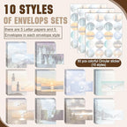 TaoBary 160 Pcs Stationery Paper Set 50 Double Sided Stationery Papers with 50 Matching Envelopes and 60 Round Dot Sticker, 10 Design(Natural Scenery,8.5 x 11 Inch)
