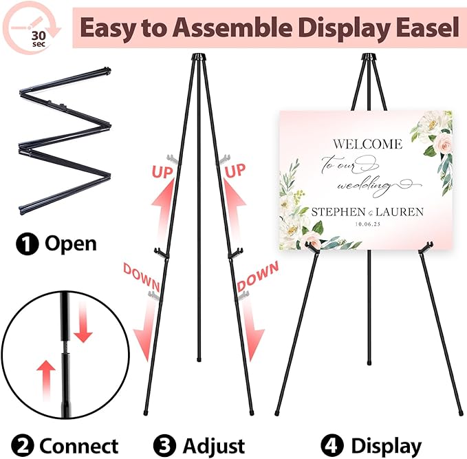 VAIIGO Black Easel Stand for Wedding Signs, Posters & Paintings - 63" Adjustable Portable Display Easel for Welcome Signs, Art Canvas, Pictures - Folding Tripod Stand with Carry Bag (1 Pack)
