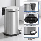 SIMPLYKLEEN Bathroom Trash Can with Lid - 2PC Oval Small Trash Can with Soft-Close Lid, Foot Pedal, Brushed Stainless Steel, Removable Liner, Garbage can for Kitchen, Office, Home Silver