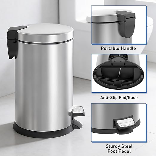 SIMPLYKLEEN Bathroom Trash Can with Lid - 2PC Oval Small Trash Can with Soft-Close Lid, Foot Pedal, Brushed Stainless Steel, Removable Liner, Garbage can for Kitchen, Office, Home Silver