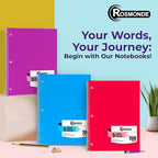 Rosmonde 50 Pack, 1 Subject Spiral Notebook Wide Ruled Bulk, 140 Pages (70 Sheets), Thick No-Bleed Paper, 8 x 10-1/2", 3 Hole Punched, 1 Subject Spiral Notebook Bulk, Bulk Subject Notebook