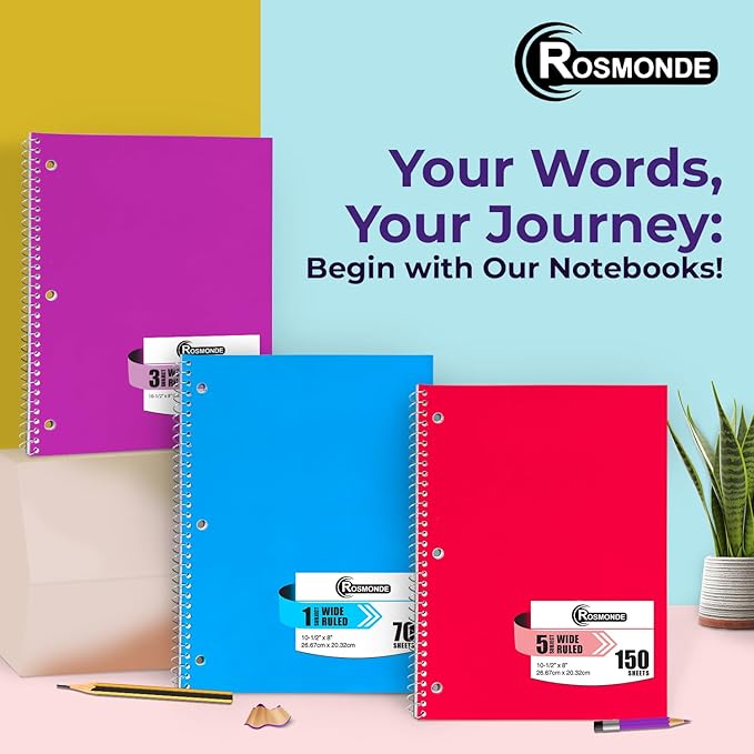 Rosmonde 50 Pack, 1 Subject Spiral Notebook Wide Ruled Bulk, 140 Pages (70 Sheets), Thick No-Bleed Paper, 8 x 10-1/2", 3 Hole Punched, 1 Subject Spiral Notebook Bulk, Bulk Subject Notebook