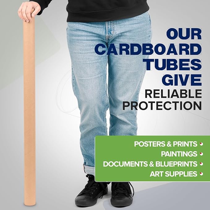 2" x 36" Reinforced Kraft Paper Mailing Tubes, Pack of 6 Tubes with 2 Caps Each – USPS Approved Poster Tube – Made in USA Cardboard Tube for Shipping and Storing Posters, Prints, Artwork, or Documents