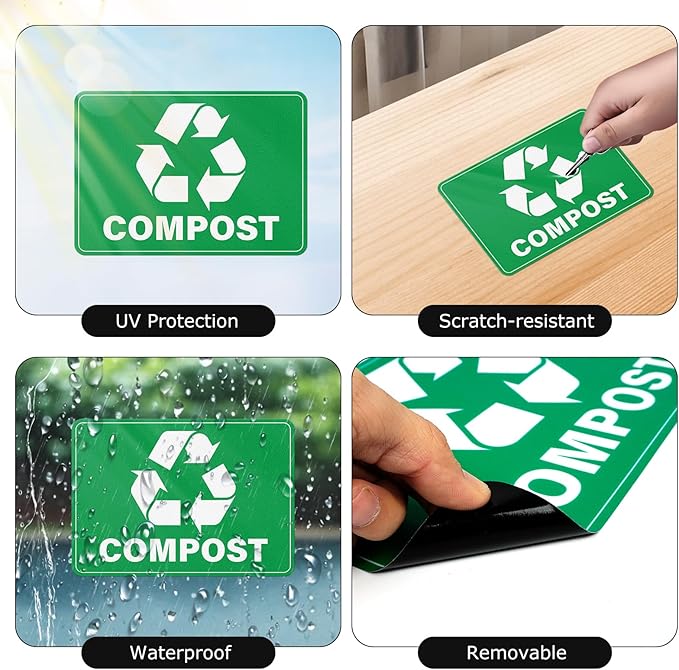 YIKIADA 10 Pack Compost Stickers 10 × 7 Inches Vinyl Weatherproof Self Adhesive Recycle Sign for Trash Cans Yard Waste Bins Home Business