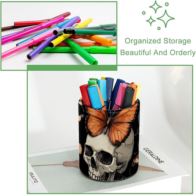 Leather Pen Holder for Desk, Butterfly Skull Pencil Cup Desktop Organizer Makeup Brush Holders Office Supplies for Home, Kids & School