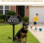 Private Property No Trespassing Sign with Stake, No Soliciting Sign for House 5x10 inch/35 inch High, for Front Door/Lawns/Gardens and Business