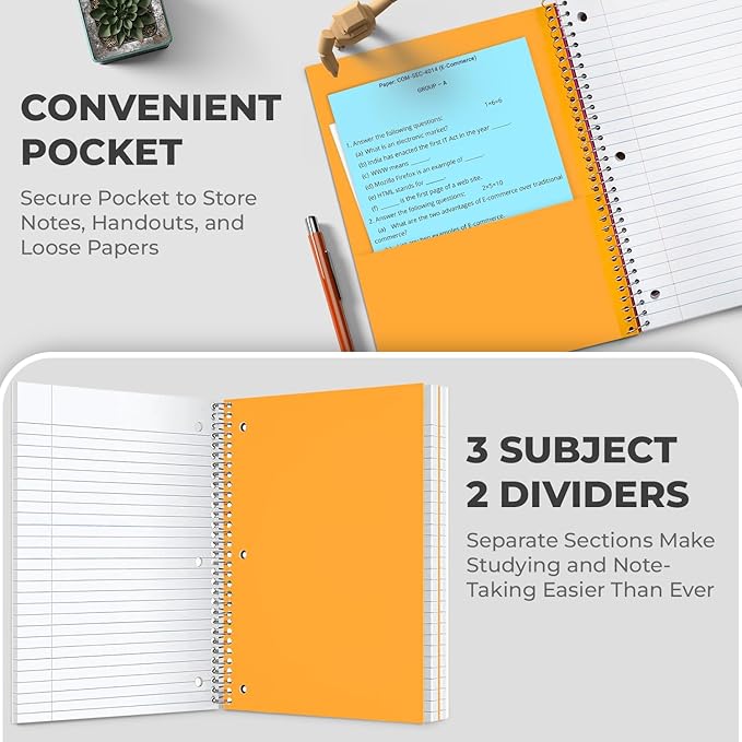 Rosmonde 36 Pack 3 Subject Spiral Notebook College Ruled Bulk, Thick Paper, Extra Pages - 300 Pages (150 Sheets), 8 x 10-1/2", Bulk Spiral Journal for School, 3 Hole Punched, Bulk Subject Notebooks