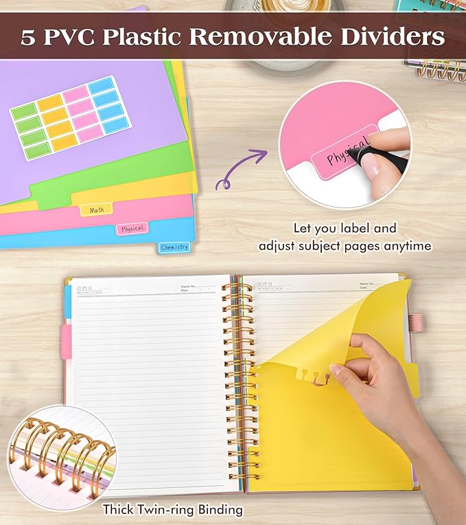 Spiral Notebook Journal with Removable Dividers Tabs, 300 Pages Hardcover Leather 5 Subject College Ruled Notebook, 8"x10" Large B5 Lined Journal for Women Men, Spiral Notebooks for Work School, Pink