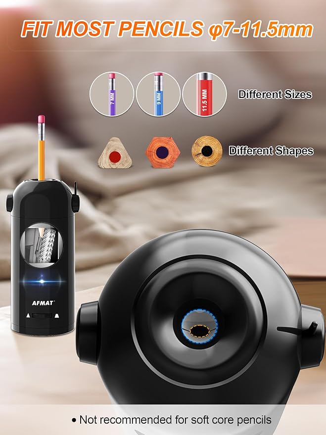 AFMAT Electric Pencil Sharpener, Fully Automatic Pencil Sharpener for Classroom, Robot Sharpeners for 7-11.5mm No.2/Jumbo/Colored Pencils, Auto in & Out, Rechargeable & Cordess, Hands-Free, PSX5,Black