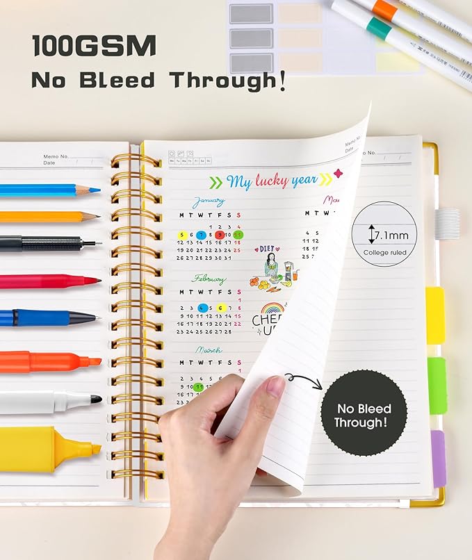 Hardcover Spiral Notebook Journal with Removable Dividers Tabs, 300 Pages Leather 5 Subject Notebook College Ruled, 8"x10" Large B5 Notebooks for Work School Note taking, Lined Journal for Women, White